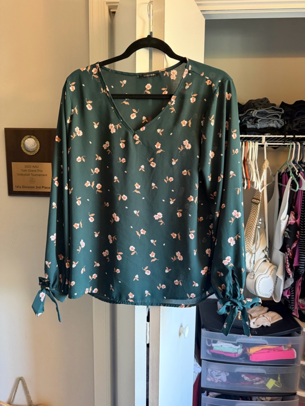 Papermoon Forest Green Floral V-Neck Tie-Sleeve Blouse